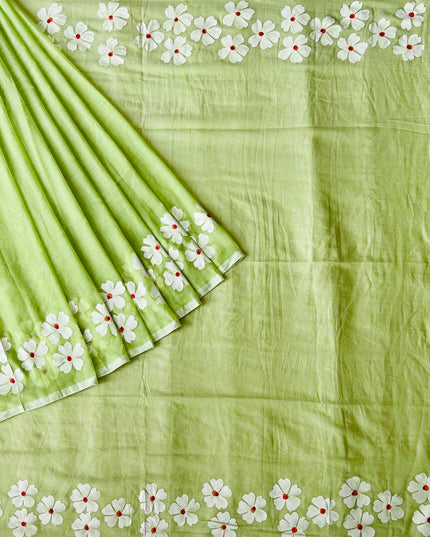 Mul cotton saree and Hand Painting with Tassels-  Green