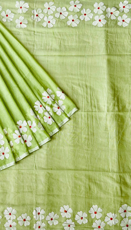 Mul cotton saree and Hand Painting with Tassels-  Green