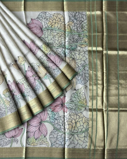 Jute Tissue Silk Saree With Floral Print and Contrast Border-  Pista Green