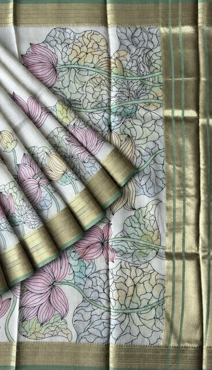 Jute Tissue Silk Saree With Floral Print and Contrast Border-  Pista Green