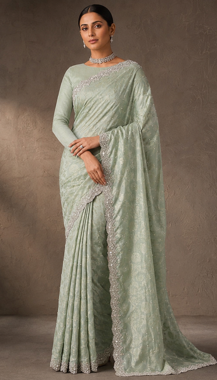 Russian Silk Saree With Pearl and kardhana and Scallop Border-  Light green