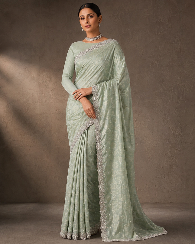 Russian Silk Saree With Pearl and kardhana and Scallop Border-  Light green
