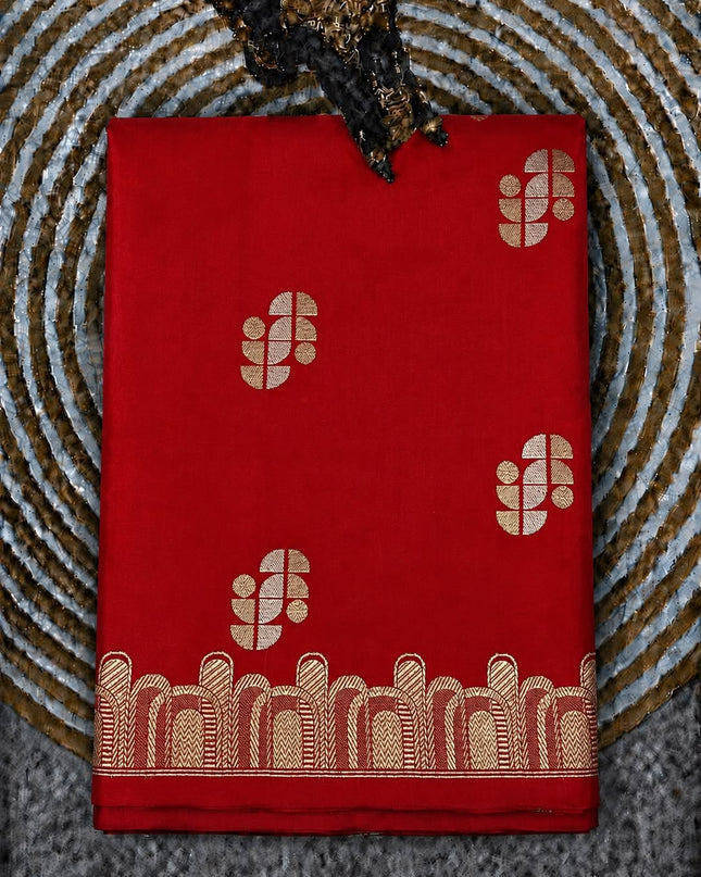Kathan Silk Saree With All over Gold Zari Buttes and Golden Zari Weaving Border - Red
