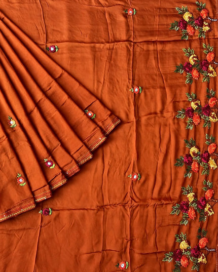 Russian Silk Saree with  Kantha Work - Rust