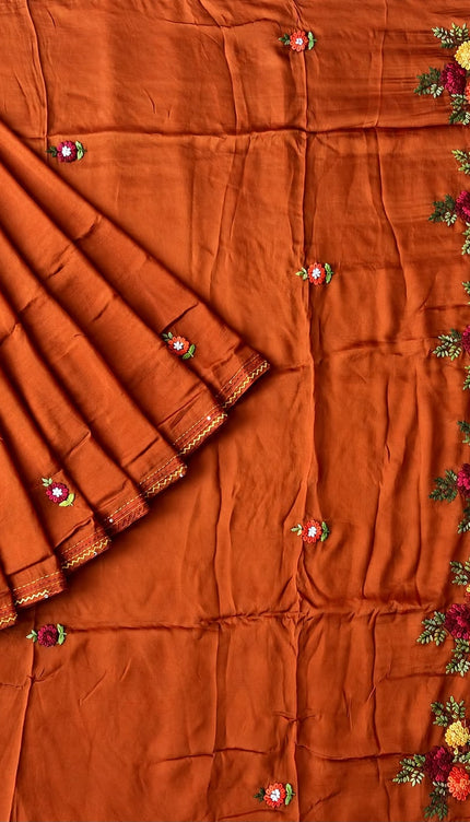 Russian Silk Saree with  Kantha Work - Rust