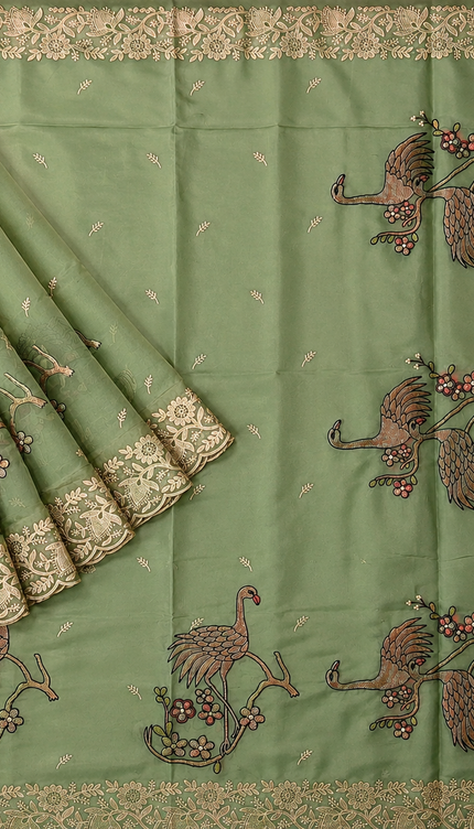 Soft Organza  Saree with Thread Work  and Scallop Border - Green