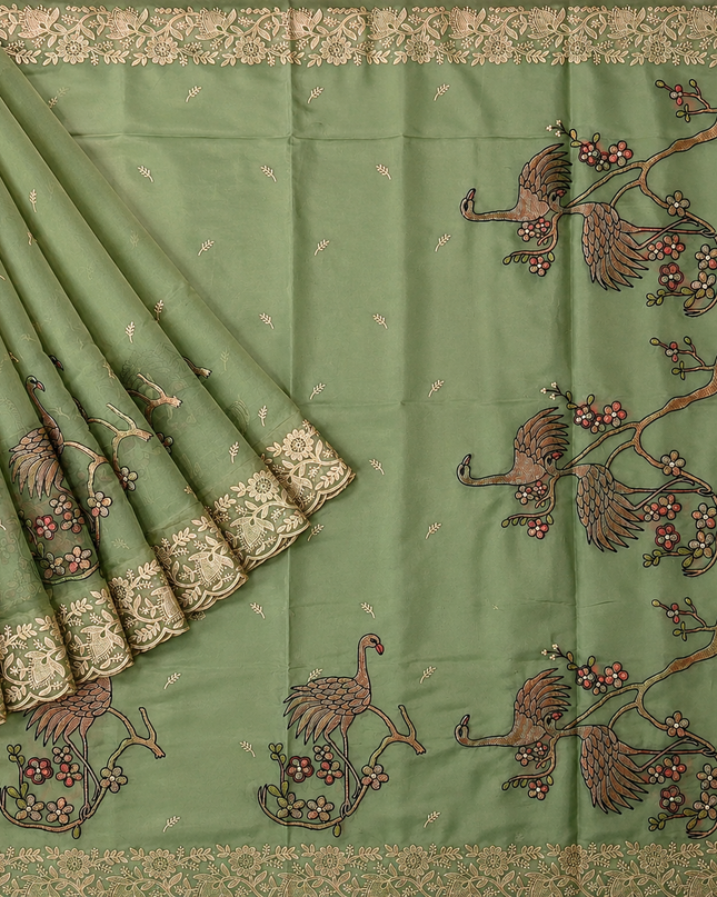 Soft Organza  Saree with Thread Work  and Scallop Border - Green