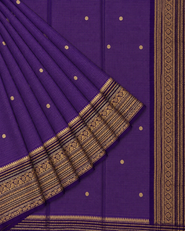 Green Silk Saree With Golden Zari Butties And Kanchi Border - Lavender