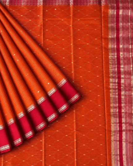 Munga Silk Saree With All over Oosi Design and Small Gold Butties  Contrast Border- Orange & Red