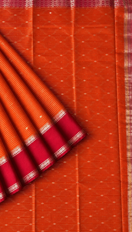 Munga Silk Saree With All over Oosi Design and Small Gold Butties  Contrast Border- Orange & Red