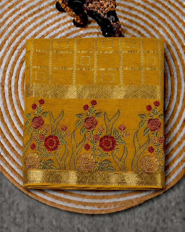 Chinon Crepe Saree With Golden Checks Design and Thread Embroidery Border - Mustard