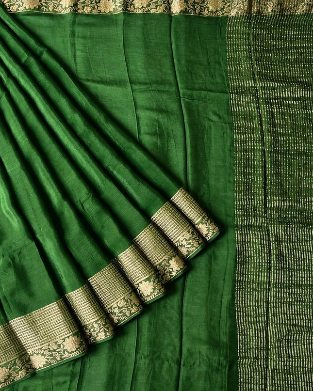 Crepe Saree with Gold Zari  Weaving Border  - Bottle Green