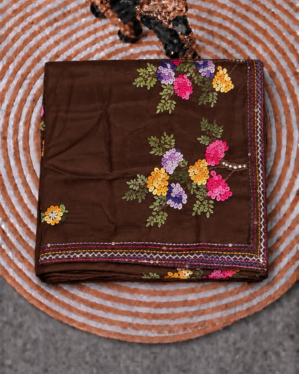 Russian Silk Saree with  Kantha Work - Coffee  Brown