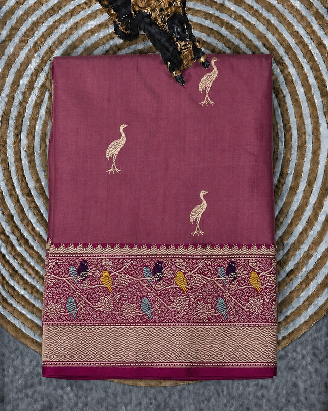 Kathan Silk Saree With All over Gold Zari Buttes and Golden Zari Weaving Border - Onion Pink