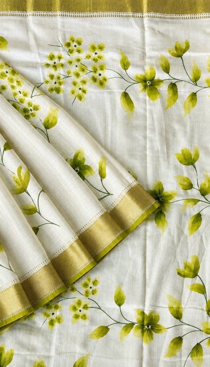 Munga Silk Saree With Floral Print and Kaddi Border -  Mehandi Green