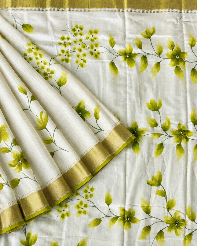 Munga Silk Saree With Floral Print and Kaddi Border -  Mehandi Green