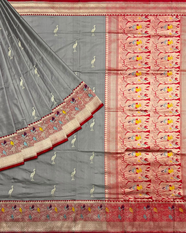 Kathan Silk Saree With All over Gold Zari Buttes and Golden Zari Weaving Border - Grey & Red
