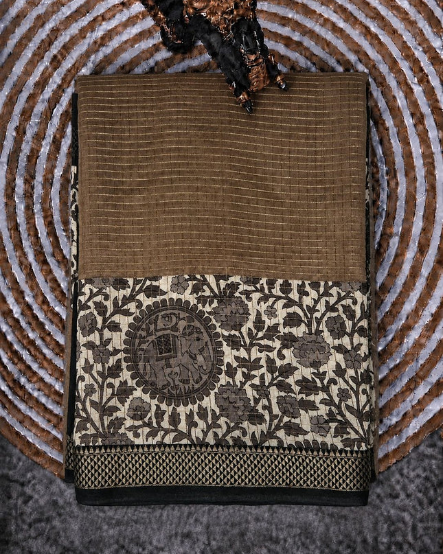 Munga Silk Saree With All over Checks Design and Contrast Border-  Brown