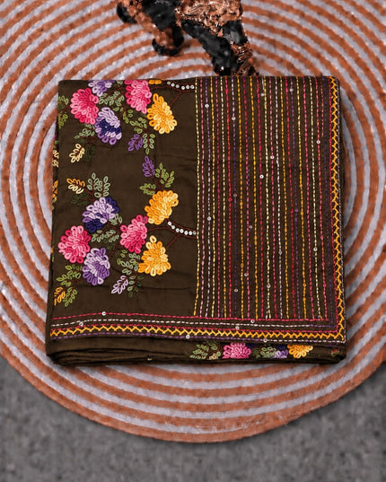 Russian Silk Saree with  Kantha Work - Brown