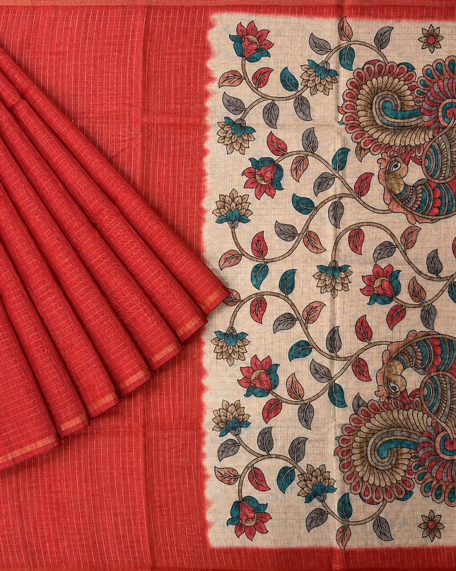 Tusser Silk Saree With All over Golden Checks Design and Kalamkari Pallu -Red