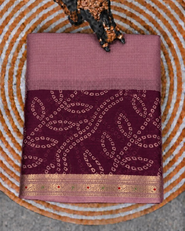 Pure Silk Kota Saree With Bhandni Print and Small Kanchi Border - Onion Pink