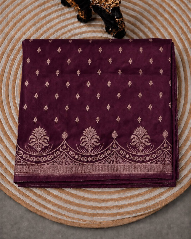 Mashru Banaras saree with All over Gold Zari Weaving Buttes and Zari Scallop Border -   Maroon