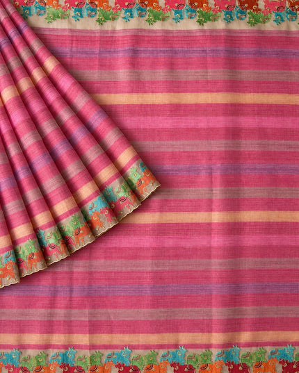 Linen Tissue Saree with Multi Stripes and Pichwai Border - Onion Pink