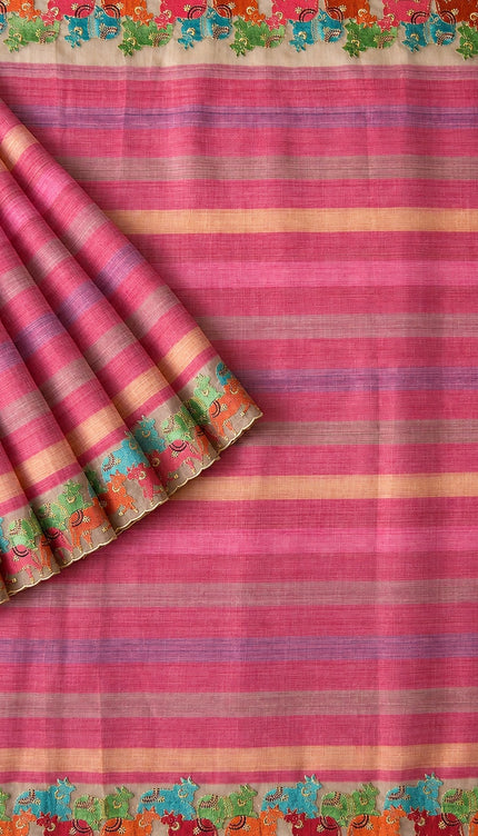 Linen Tissue Saree with Multi Stripes and Pichwai Border - Onion Pink