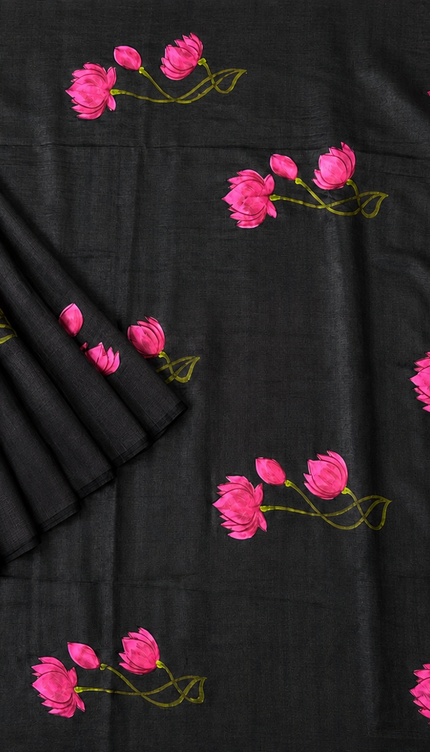 Mul cotton saree and Hand Painting with Tassels-  Black