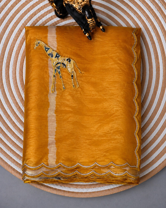 Soft  Orznga  Saree With Applique work and scallop Border-  Mustard