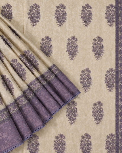Silk Kota Saree with Floral Print and Thread Embroidery work Border with Lace - Tan & Purple