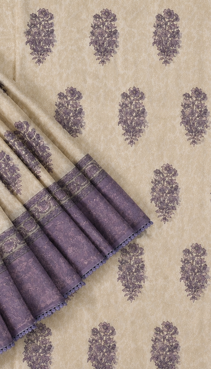 Silk Kota Saree with Floral Print and Thread Embroidery work Border with Lace - Tan & Purple