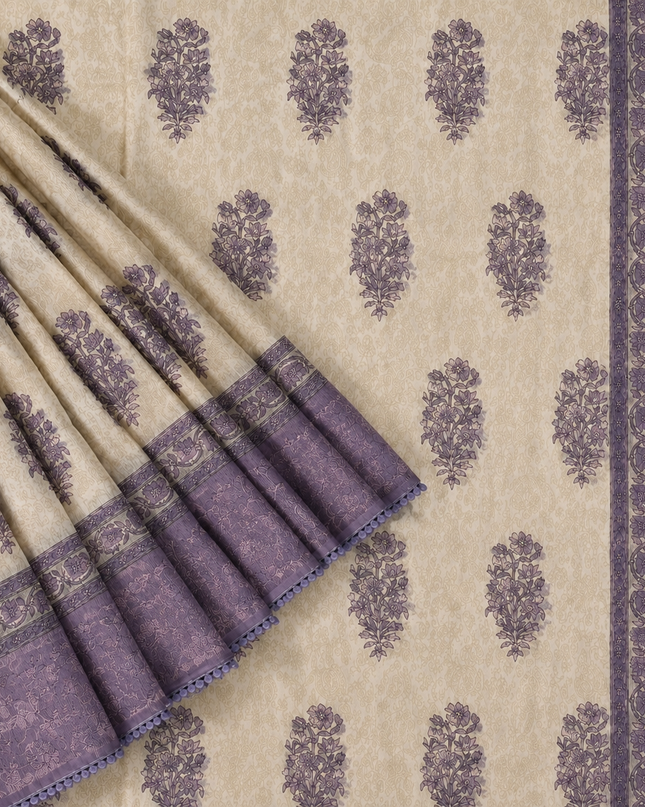 Silk Kota Saree with Floral Print and Thread Embroidery work Border with Lace - Tan & Purple