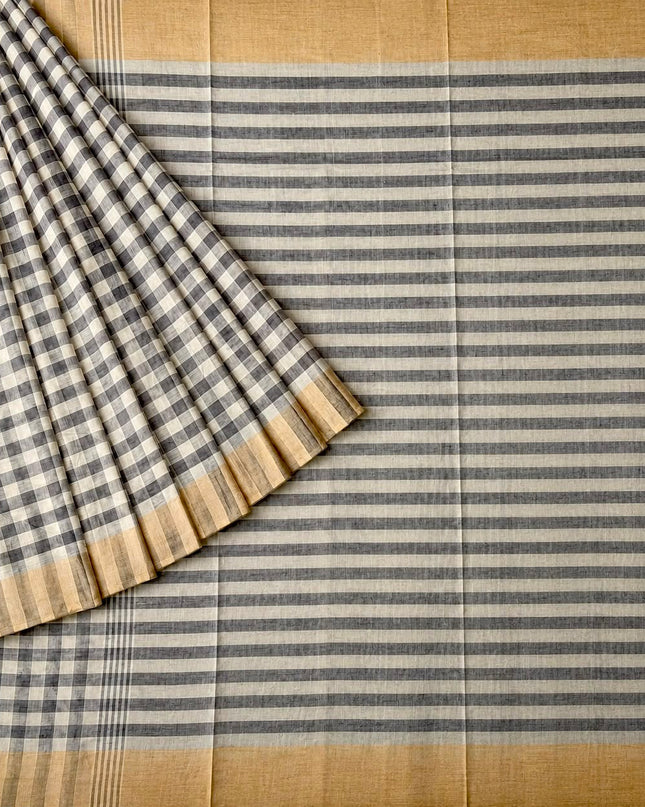 Cotton Saree With Checks Design and Tassels - Grey &Light Orange