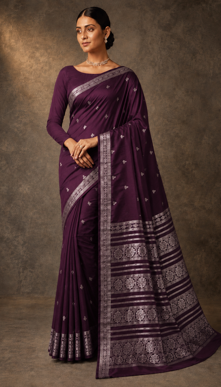 mysore silk sarees with golden zari Elephant design  Border - Brinjal