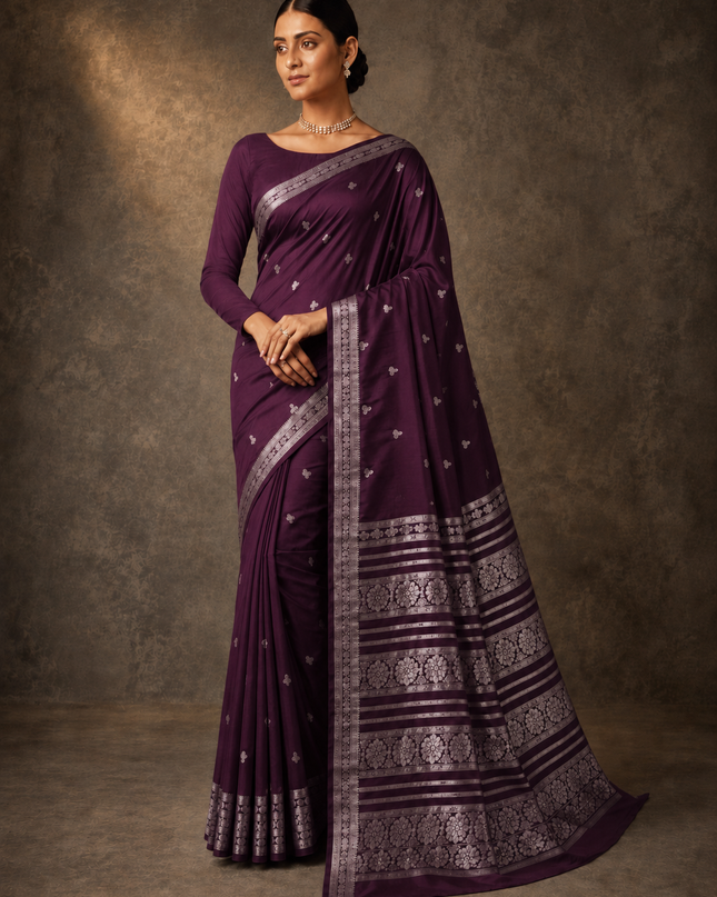 mysore silk sarees with golden zari Elephant design  Border - Brinjal