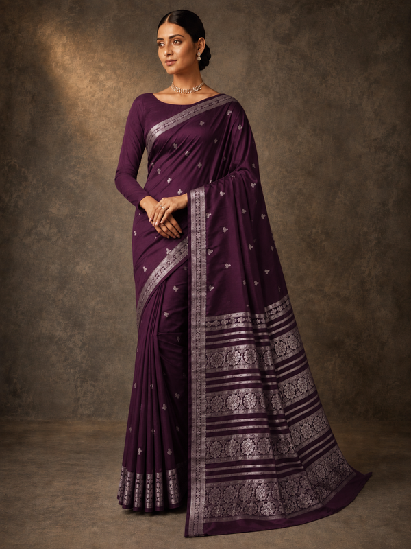 mysore silk sarees with golden zari Elephant design  Border - Brinjal