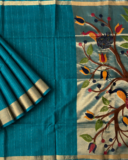 Jute Tusser Saree  with All over Sequence Work and Golden Border - Peacock Green