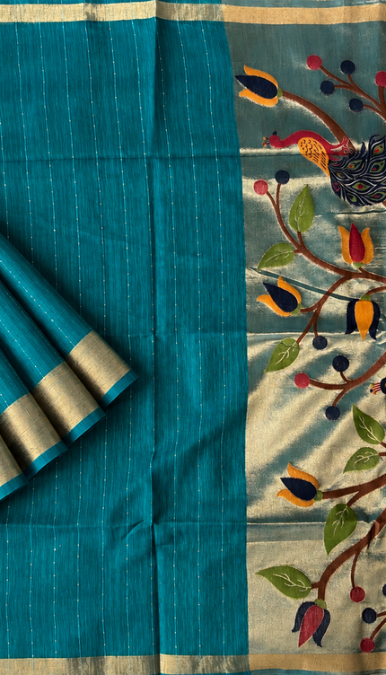 Jute Tusser Saree  with All over Sequence Work and Golden Border - Peacock Green