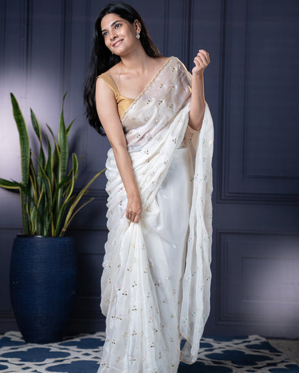 Soft Satin Velvet silk saree With Kardhana  work with Scallop Border -White