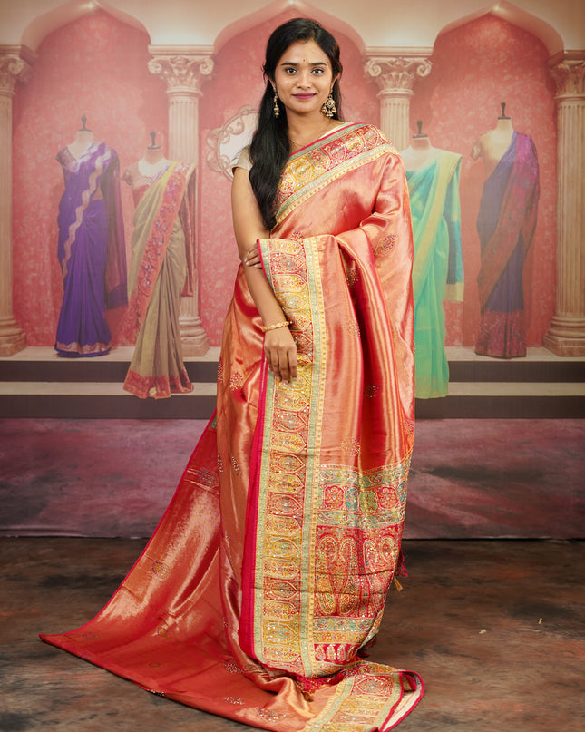 Tissue Banaras Saree Pashmina Work Border - Red