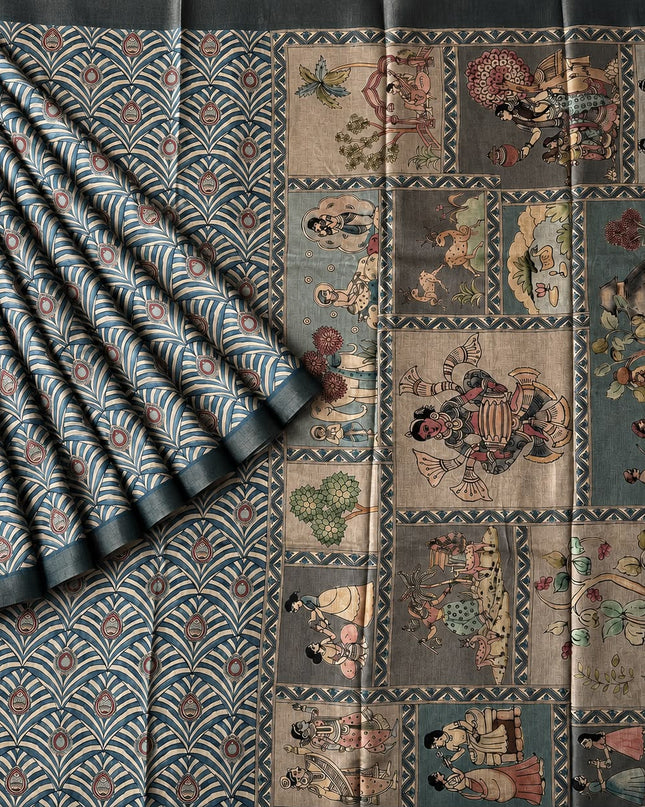Tusser Silk Saree With Arch Print and Golden Border  - Blue