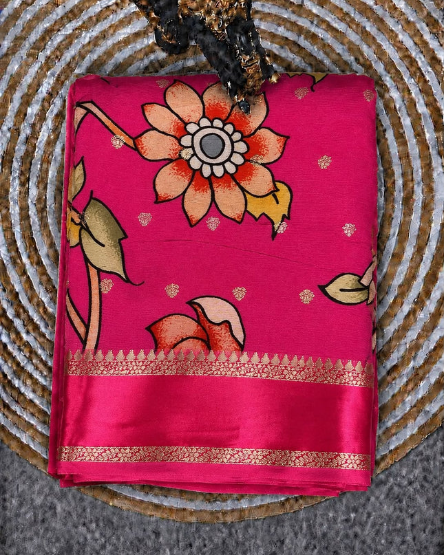 Banaras Crepe Saree with Weaving Butties and Satin Border- Rani Pink