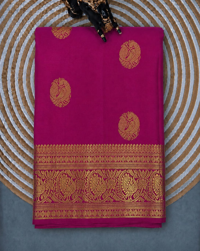 Pure Kanchi Pattu Saree With Allover Peacock Motifs and Golden Border - Rani Pink