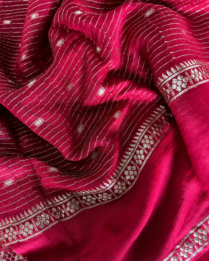 Munga Silk Saree With All over Oosi Design and Small Gold Butties  Contrast Border- Violet & Red