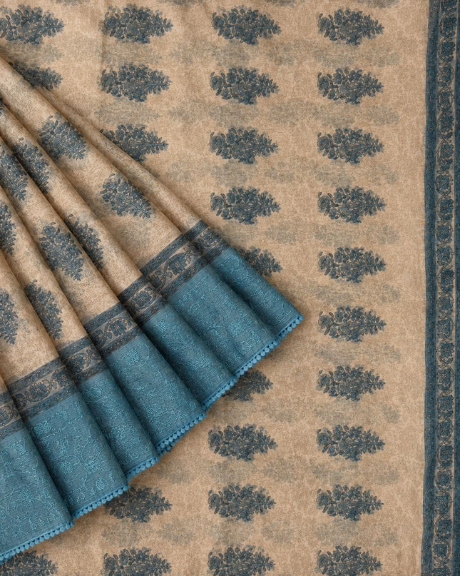 Silk Kota Saree with Floral Print and Thread Embroidery work Border with Lace - Tan & Blue