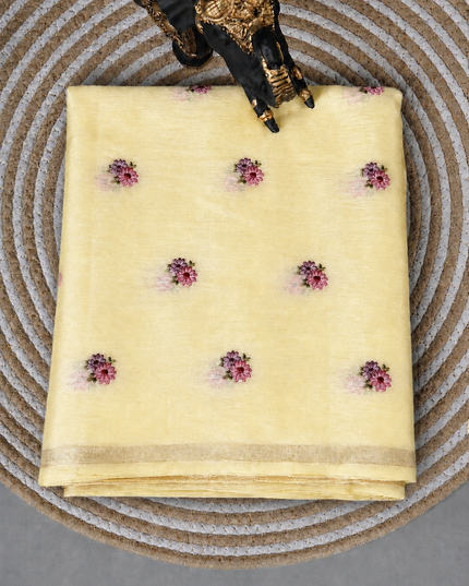 Mul Chanderi saree with Thread Embroidery Butties And Golden Zari Border  - Light Yellow