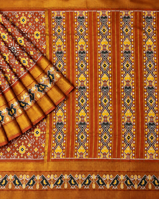 Ikkat Silk Saree with Kaddi  Border  - Orange