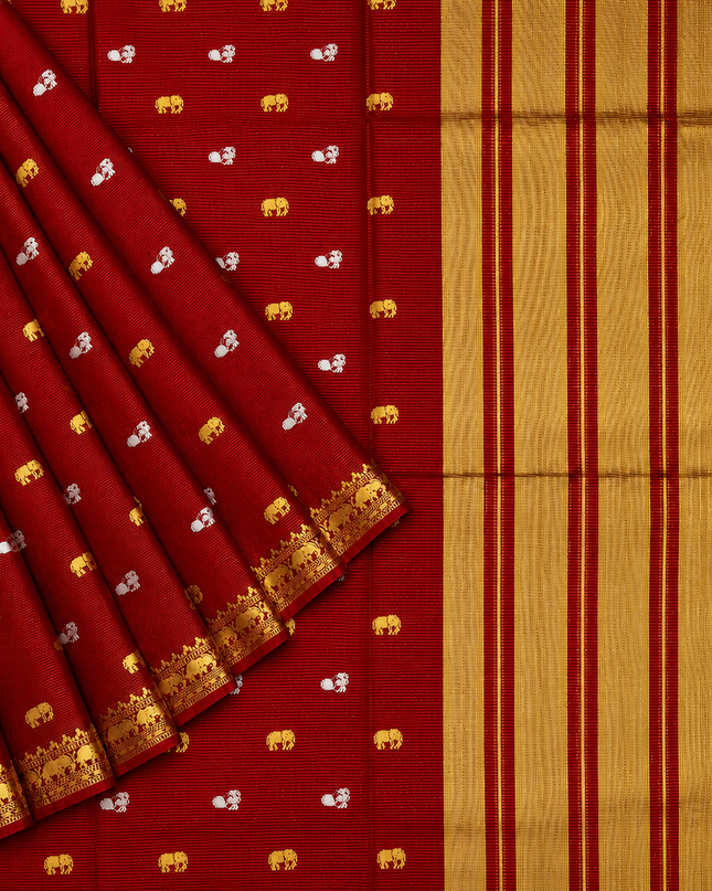 Munga Silk Saree With Gold and Silver Peacock and Elephant Butties Golden  Zari Elephant Design  Border -Red