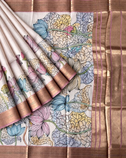 Jute Tissue Silk Saree With Floral Print and Contrast Border- Light Pink